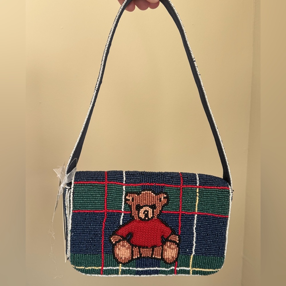 MADE IN INDIA beaded plaid teddy bear flap shoulder bag